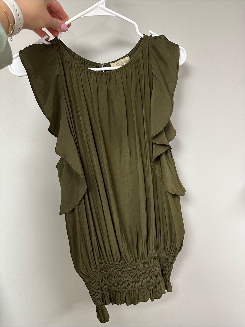 Ramy Brook Olive Green Ruched Top with Ruffle Sleeves and Smocked Waist